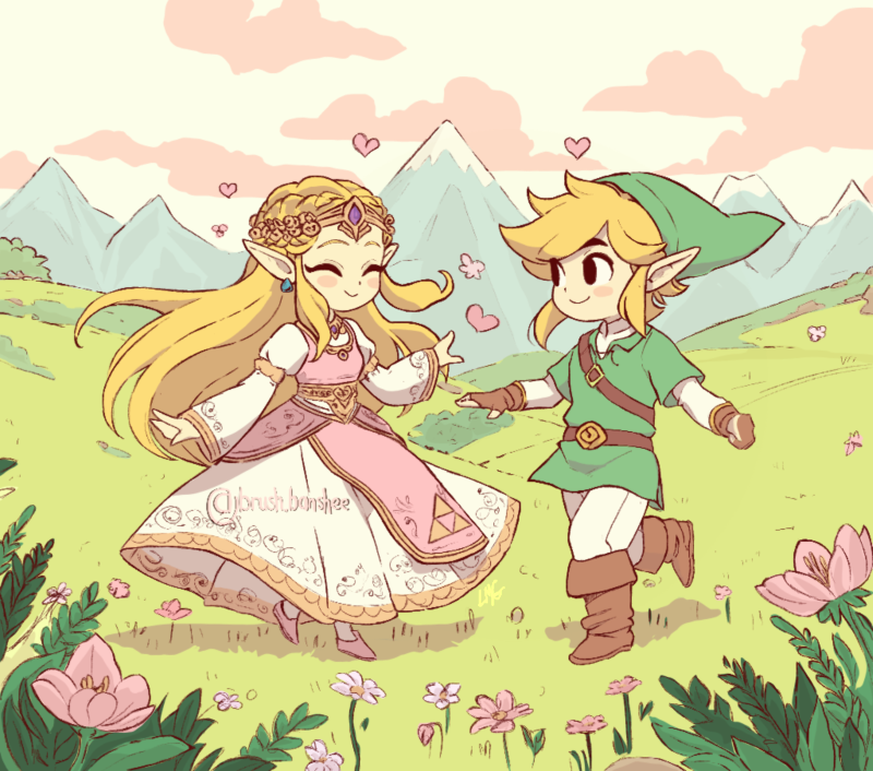 link and princess zelda (the legend of zelda) drawn by brushbanshee