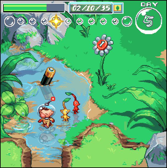 red pikmin, olimar, and yellow pikmin (pikmin) drawn by pik