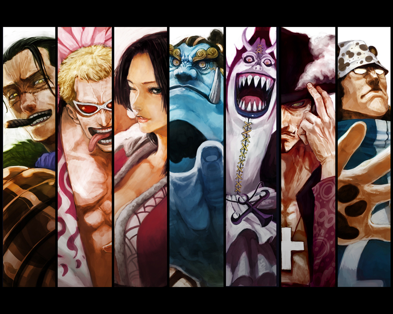 boa hancock, donquixote doflamingo, crocodile, dracule mihawk, jinbe, and 2 more (one piece) drawn by lack