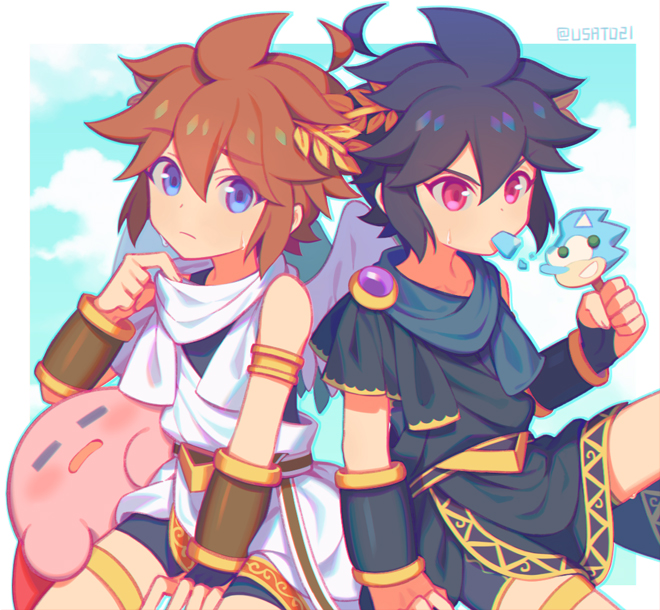kirby, pit, and dark pit (sonic and 3 more) drawn by wusagi2