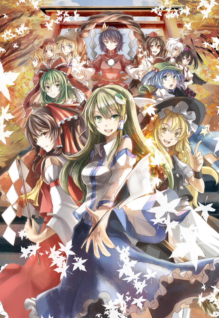 hakurei reimu, kirisame marisa, kochiya sanae, shameimaru aya, inubashiri momiji, and 7 more (touhou and 1 more) drawn by mitsu_(tendou_itsuki)