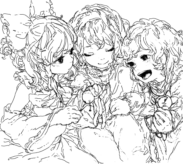 hakurei reimu, kirisame marisa, cirno, and alice margatroid (touhou) drawn by okari