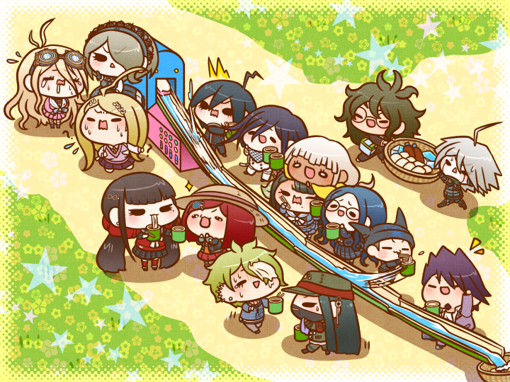 oma kokichi, saihara shuichi, akamatsu kaede, harukawa maki, momota kaito, and 11 more (danganronpa and 1 more) drawn by yumaru_(marumarumaru)