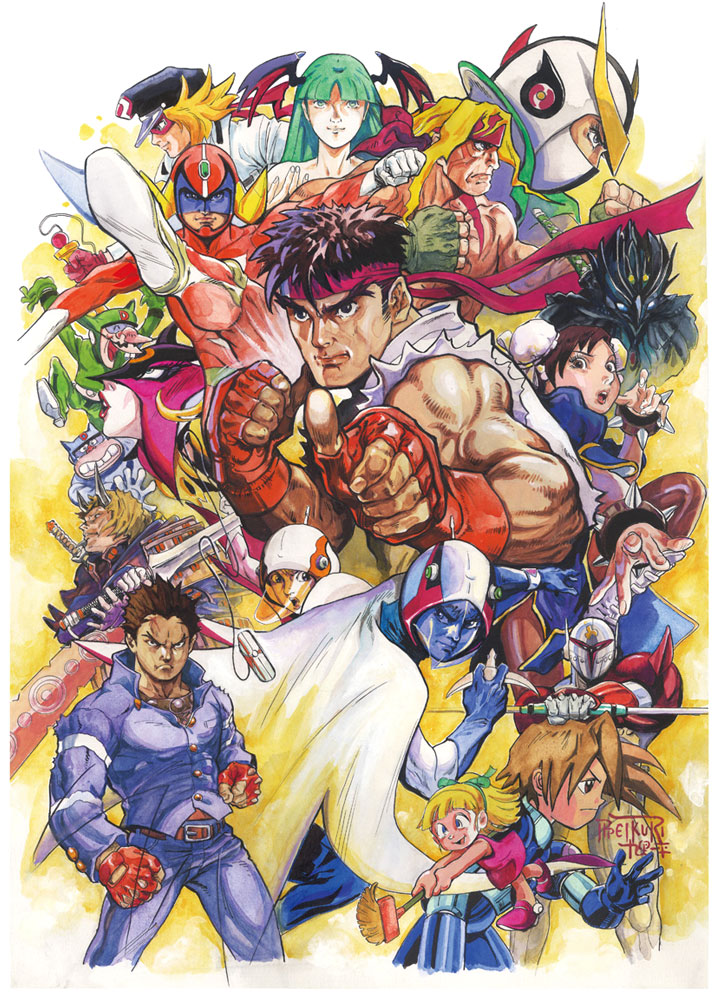 chun-li, morrigan aensland, ryu, roll, doronjo, and 14 more (street fighter and 20 more) drawn by ippei_kuri