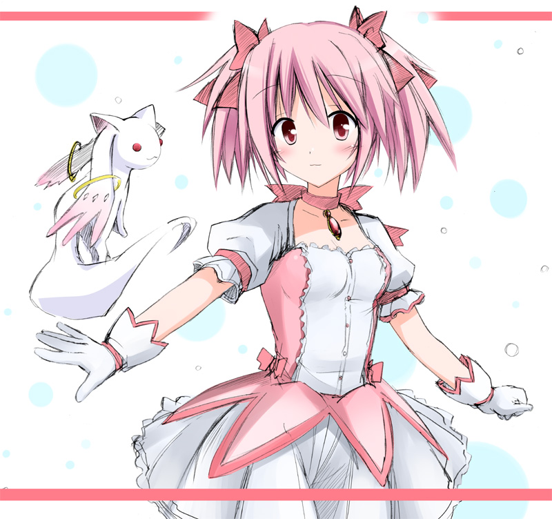 kaname madoka and kyubey (mahou shoujo madoka magica) drawn by suika_(kinokoh)