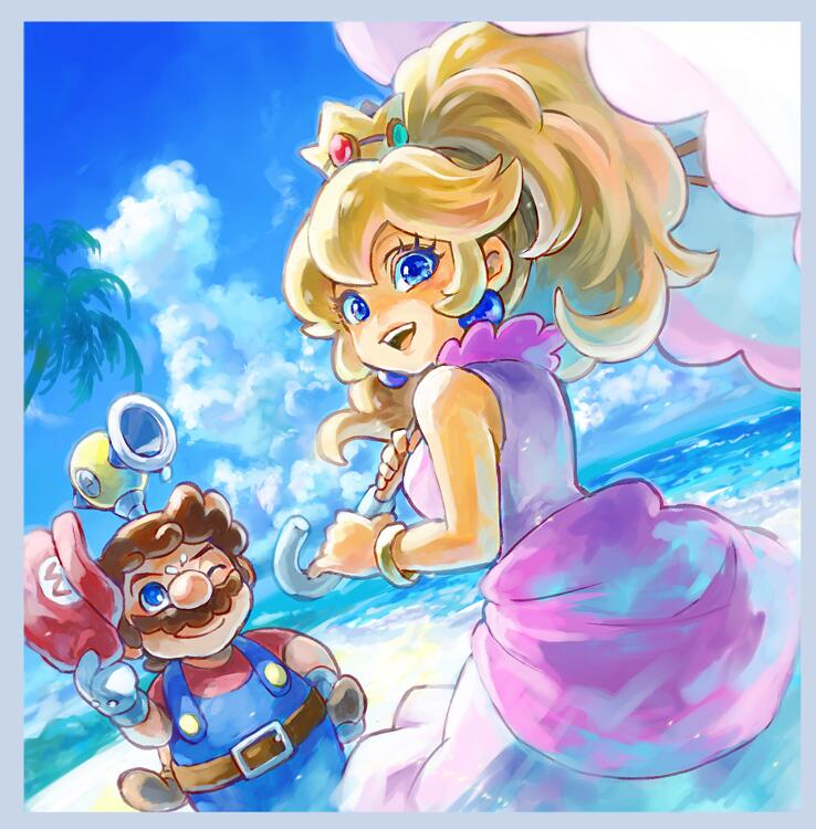 princess peach, mario, and f.l.u.d.d. (mario and 1 more) drawn by fukube