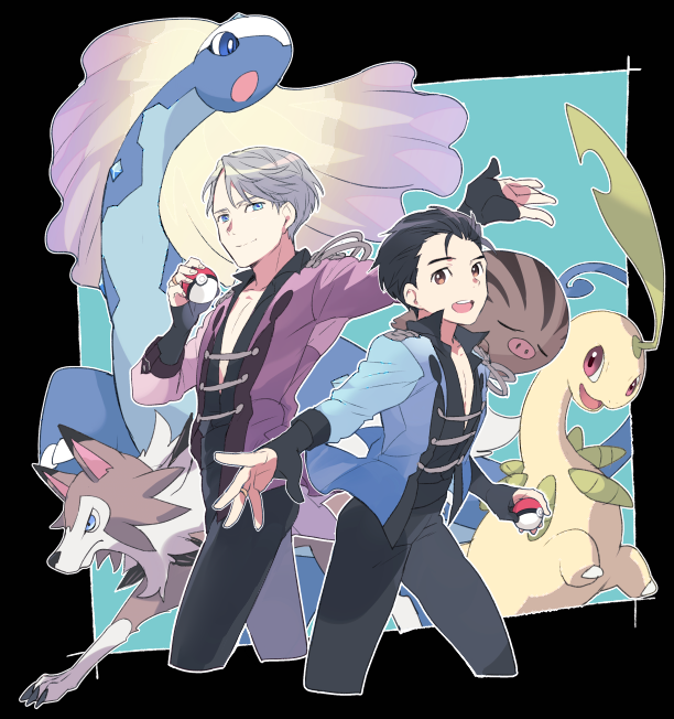 katsuki yuuri, viktor nikiforov, lycanroc, bayleef, swinub, and 1 more (pokemon and 1 more) drawn by kuroemon