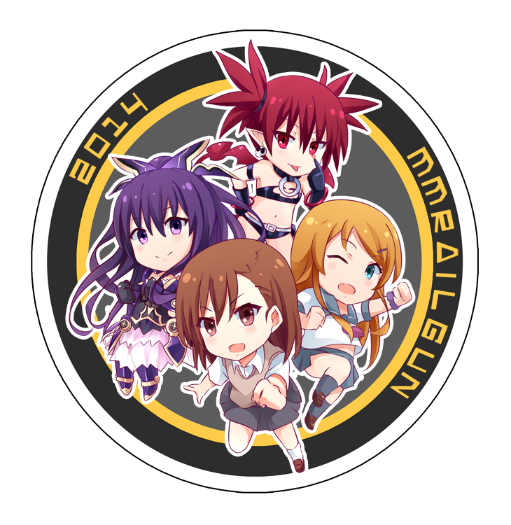 misaka mikoto, kousaka kirino, etna, and yatogami tohka (toaru majutsu no index and 4 more) drawn by mmrailgun