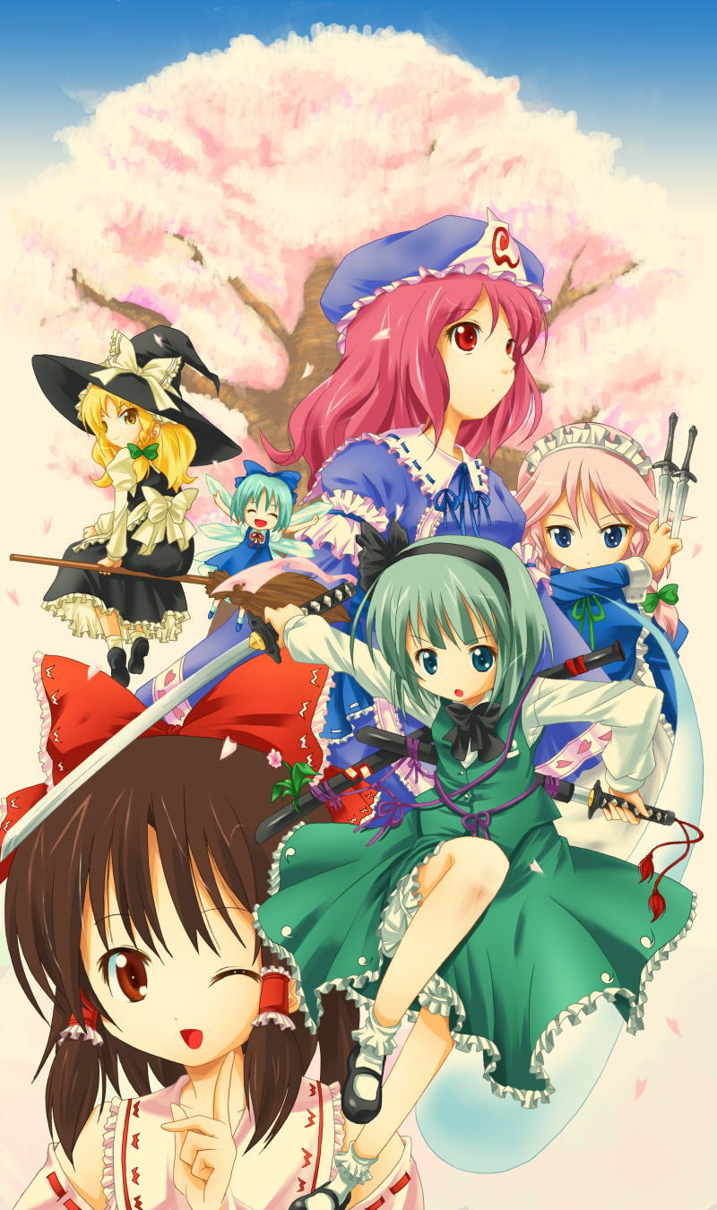 hakurei reimu, kirisame marisa, izayoi sakuya, konpaku youmu, cirno, and 1 more (touhou) drawn by michii_yuuki