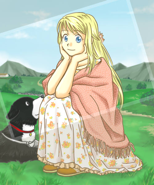 winry rockbell and den (fullmetal alchemist) drawn by syo