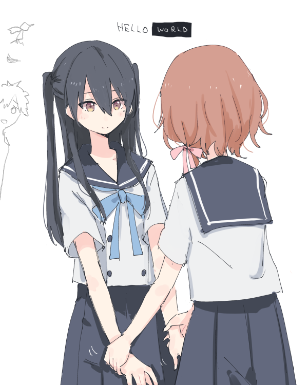 ichigyou ruri, kadenokouji misuzu, crow, and katagaki naomi (hello world) drawn by shiroshi_(denpa_eshidan)