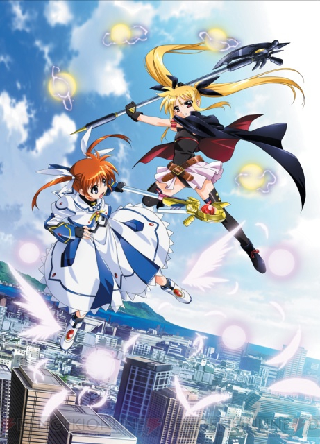 fate testarossa, takamachi nanoha, raising heart, and bardiche (lyrical nanoha and 2 more) drawn by okuda_yasuhiro