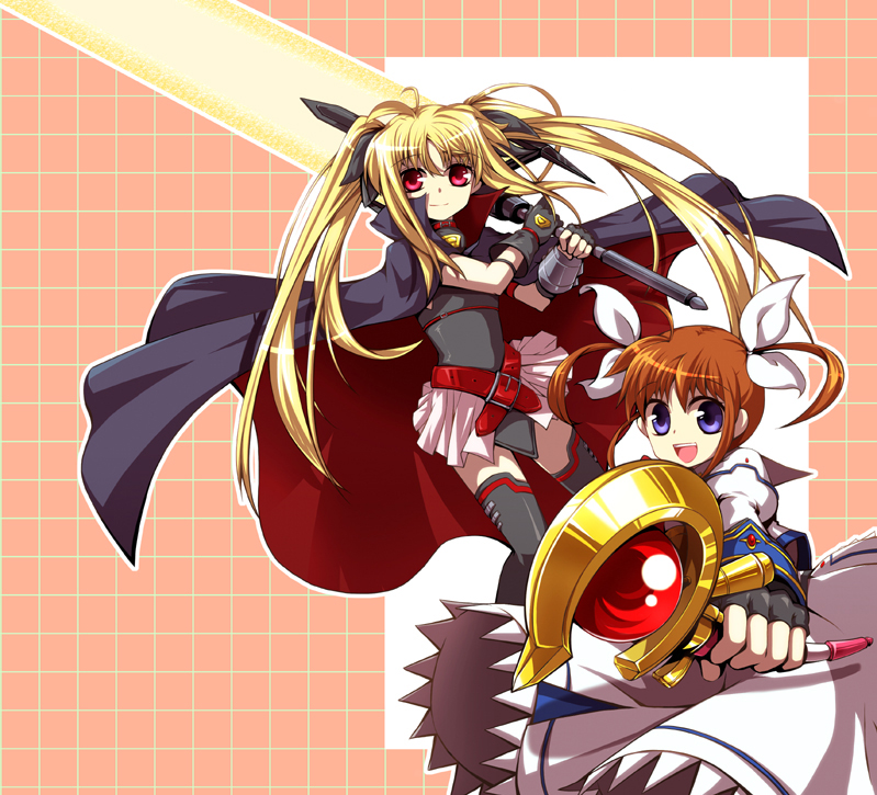 fate testarossa, takamachi nanoha, raising heart, and bardiche (lyrical nanoha and 2 more) drawn by asamiyajy