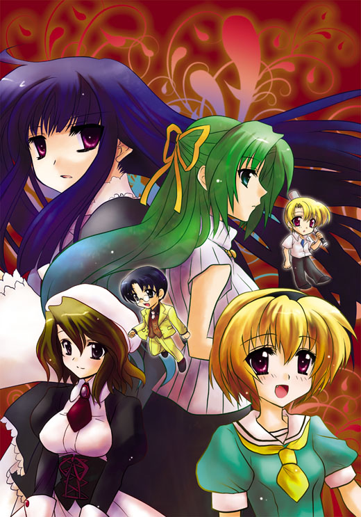 houjou satoko, sonozaki shion, frederica bernkastel, shannon, houjou satoshi, and 1 more (higurashi no naku koro ni and 1 more) drawn by kusanagi_yuuri