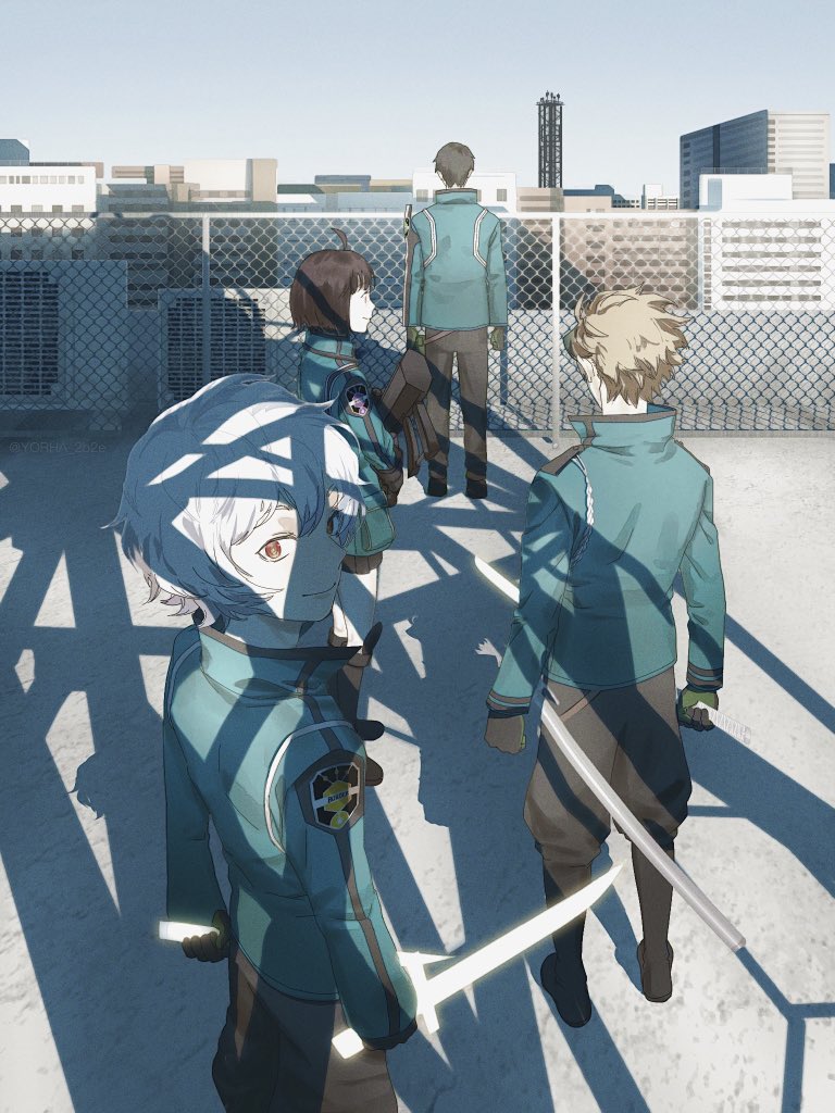 amatori chika, kuga yuuma, mikumo osamu, and hyuse (world trigger) drawn by yorha_2b2e
