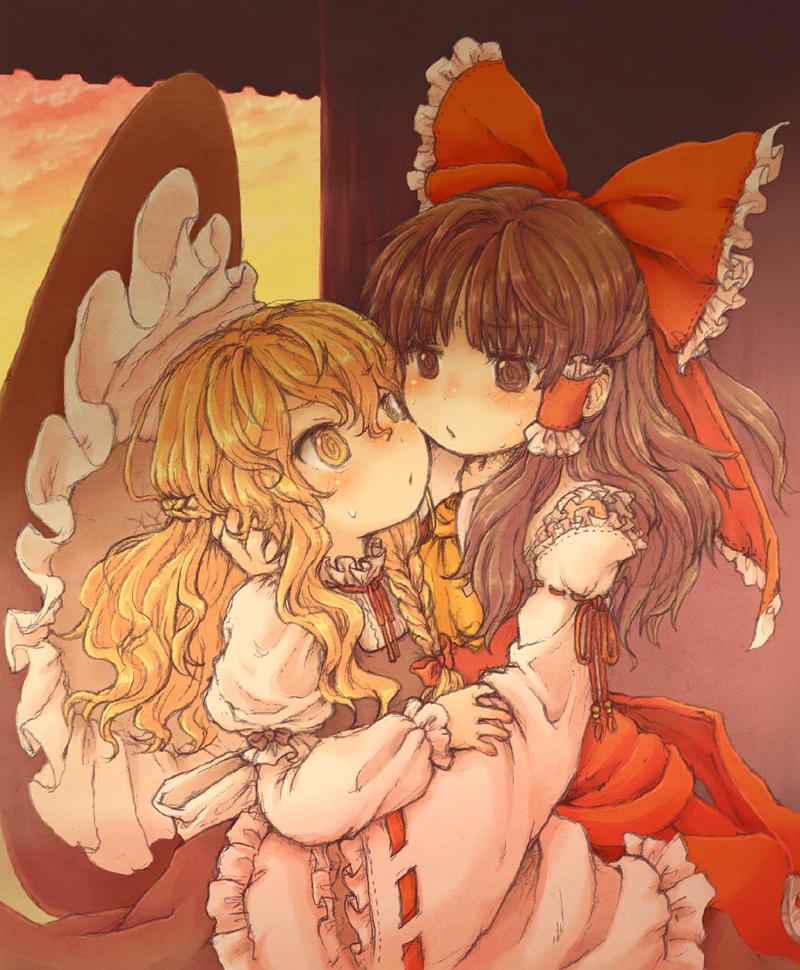 hakurei reimu and kirisame marisa (touhou) drawn by karioda