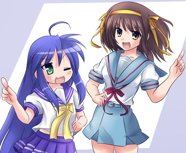 suzumiya haruhi and izumi konata (suzumiya haruhi no yuuutsu and 1 more) drawn by jun_(aoerm)