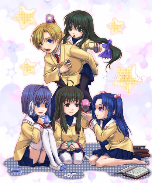 ibuki fuuko, ichinose kotomi, fujibayashi ryou, sunohara youhei, and miyazawa yukine (clannad) drawn by saiha