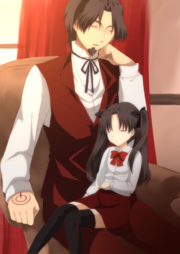 tohsaka rin and tohsaka tokiomi (fate and 2 more) drawn by yomogi_(kapuchi)