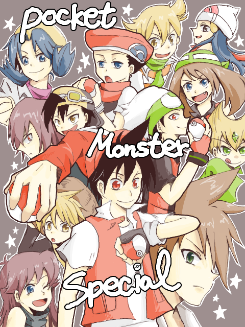 dawn, may, red, ethan, blue oak, and 8 more (pokemon and 1 more) drawn by hikari_ryuu
