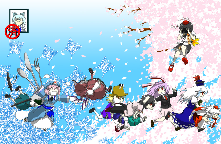 konpaku youmu, cirno, shameimaru aya, reisen udongein inaba, saigyouji yuyuko, and 6 more (touhou) drawn by yokochou