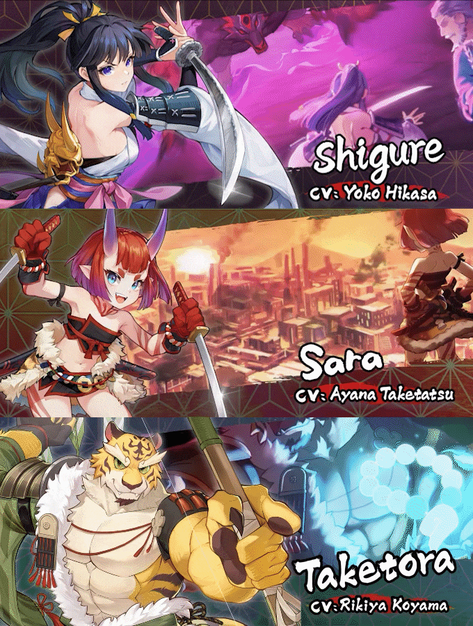 taketora, sara, and shigure (yasha legends of the demon blade)