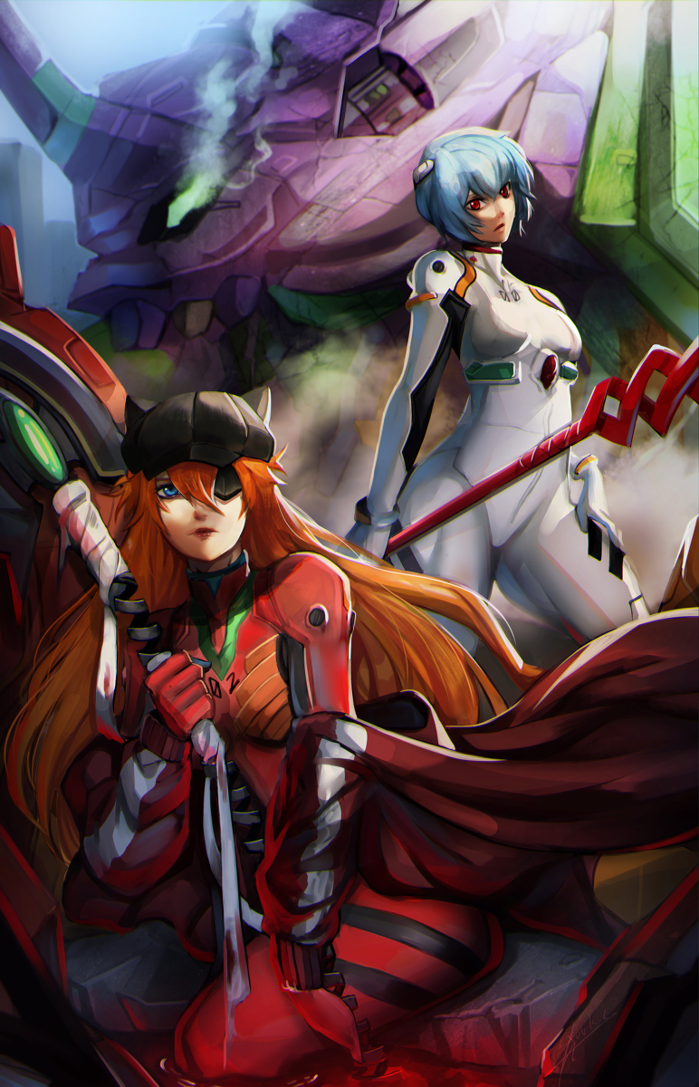 souryuu asuka langley, ayanami rei, and eva 01 (neon genesis evangelion and 2 more) drawn by xuuikie_ashe