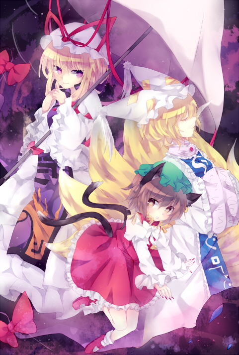 yakumo yukari, yakumo ran, and chen (touhou) drawn by nonaka