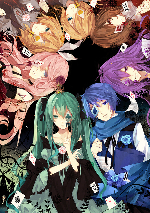 hatsune miku, kagamine rin, kagamine len, megurine luka, kaito, and 2 more (vocaloid and 1 more) drawn by neyti