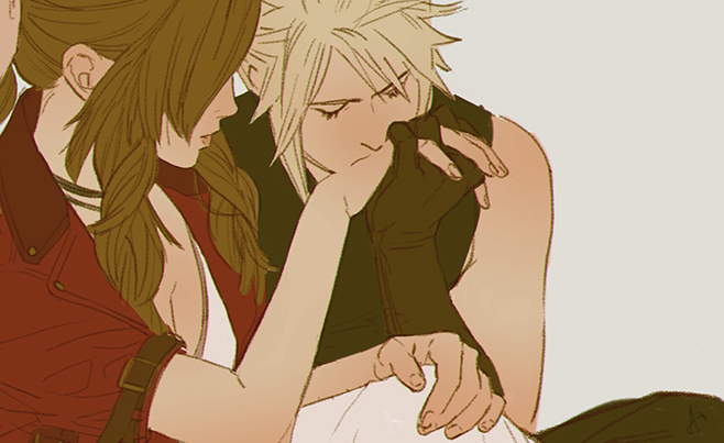 cloud strife and aerith gainsborough (final fantasy and 2 more) drawn by ashley_swidowski