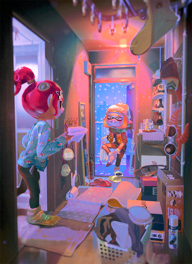 inkling player character, octoling player character, octoling girl, agent 8, agent 4, and 1 more (splatoon and 2 more) drawn by towaxa