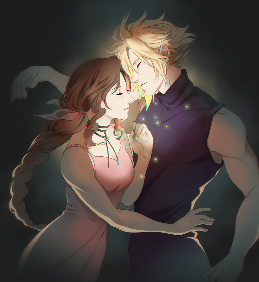 cloud strife and aerith gainsborough (final fantasy and 2 more) drawn by ruebird