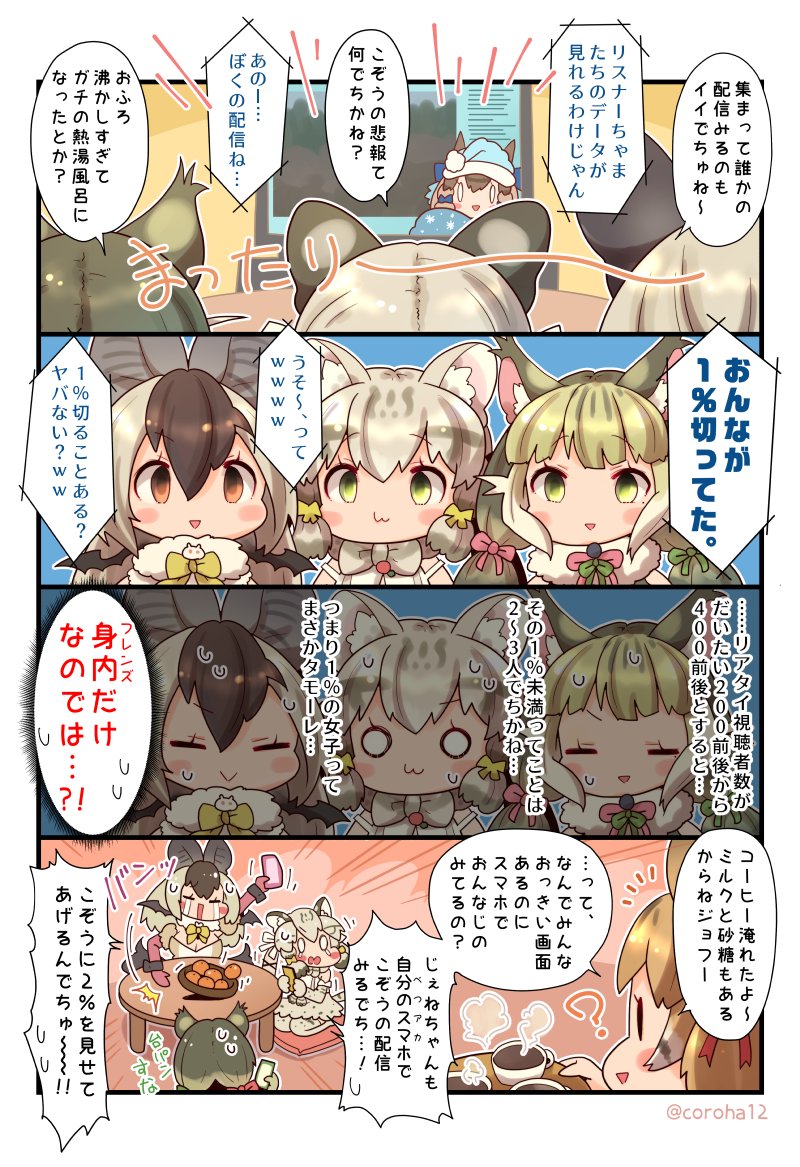 brown long-eared bat, siberian chipmunk, jungle cat, geoffroy's cat, and large-spotted genet (kemono friends and 1 more) drawn by coroha