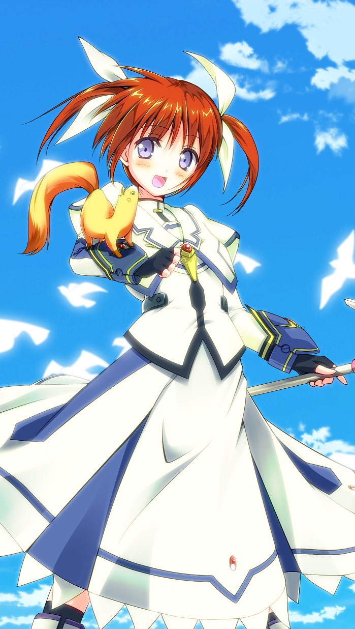 takamachi nanoha, raising heart, and yuuno scrya (lyrical nanoha and 2 more) drawn by hajime_kazuhito