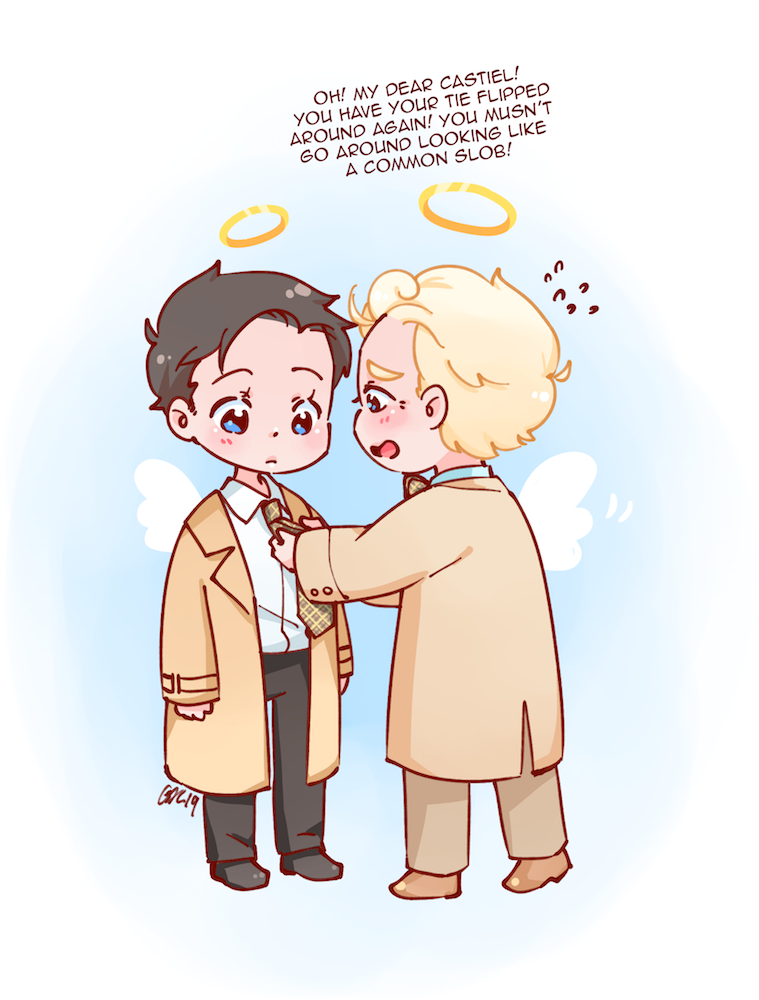 aziraphale and castiel (good omens and 1 more) drawn by kamicom