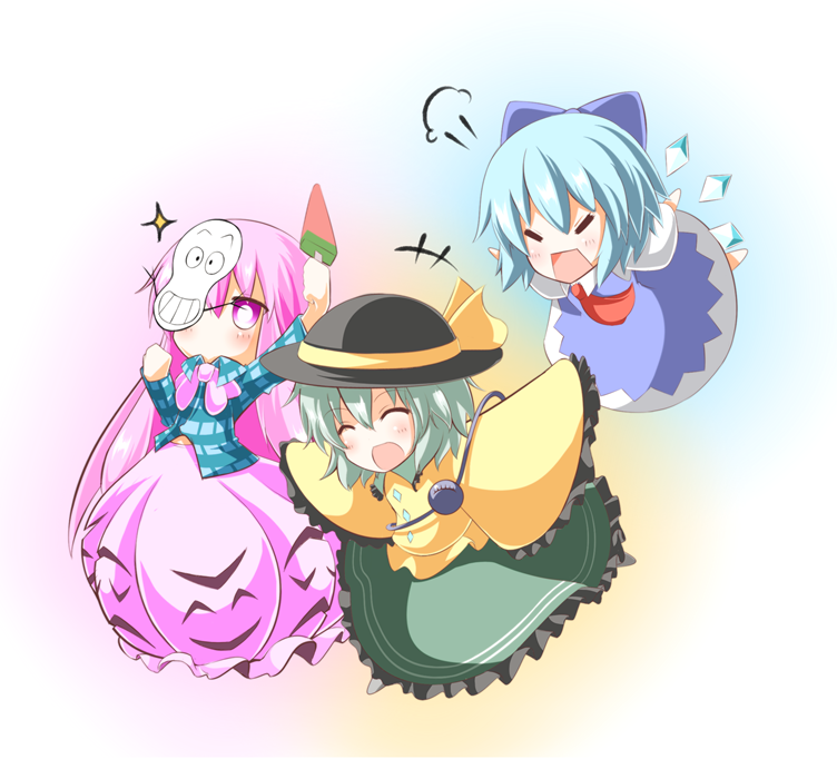 komeiji koishi, cirno, and hata no kokoro (touhou) drawn by pia_(botamochinjufu)