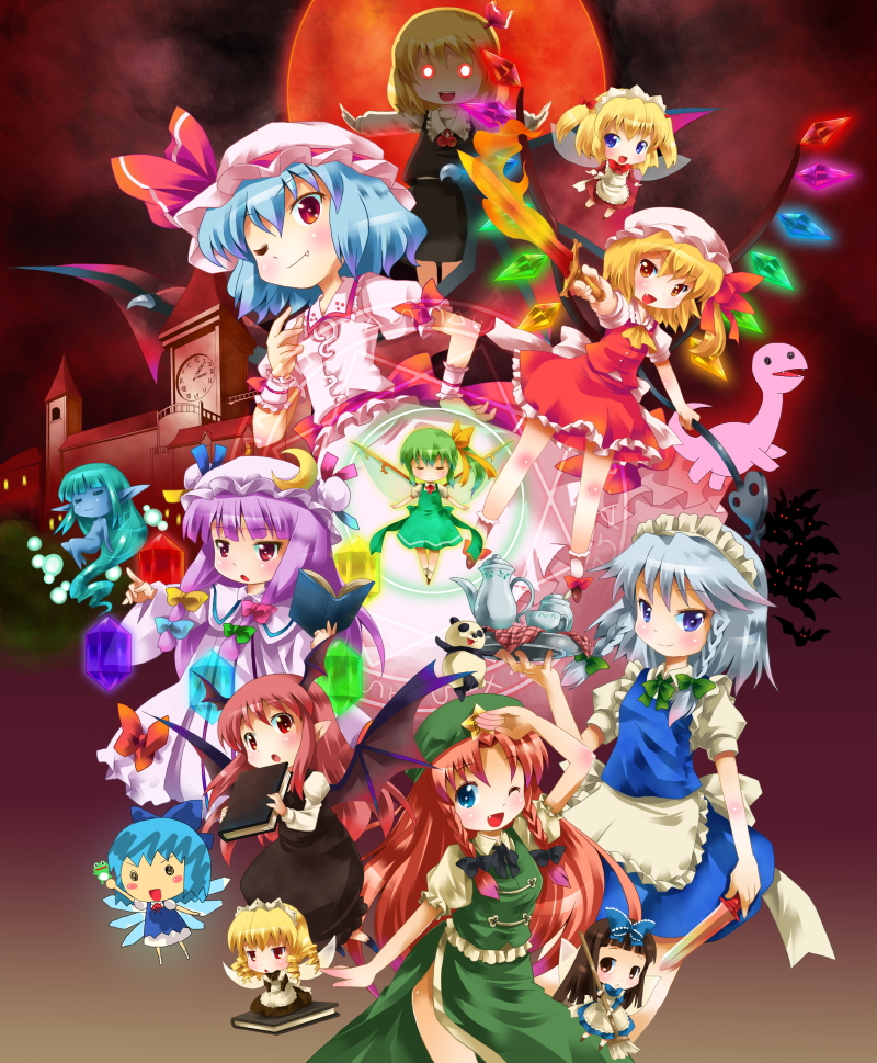 remilia scarlet, flandre scarlet, izayoi sakuya, cirno, patchouli knowledge, and 7 more (touhou and 1 more) drawn by michii_yuuki