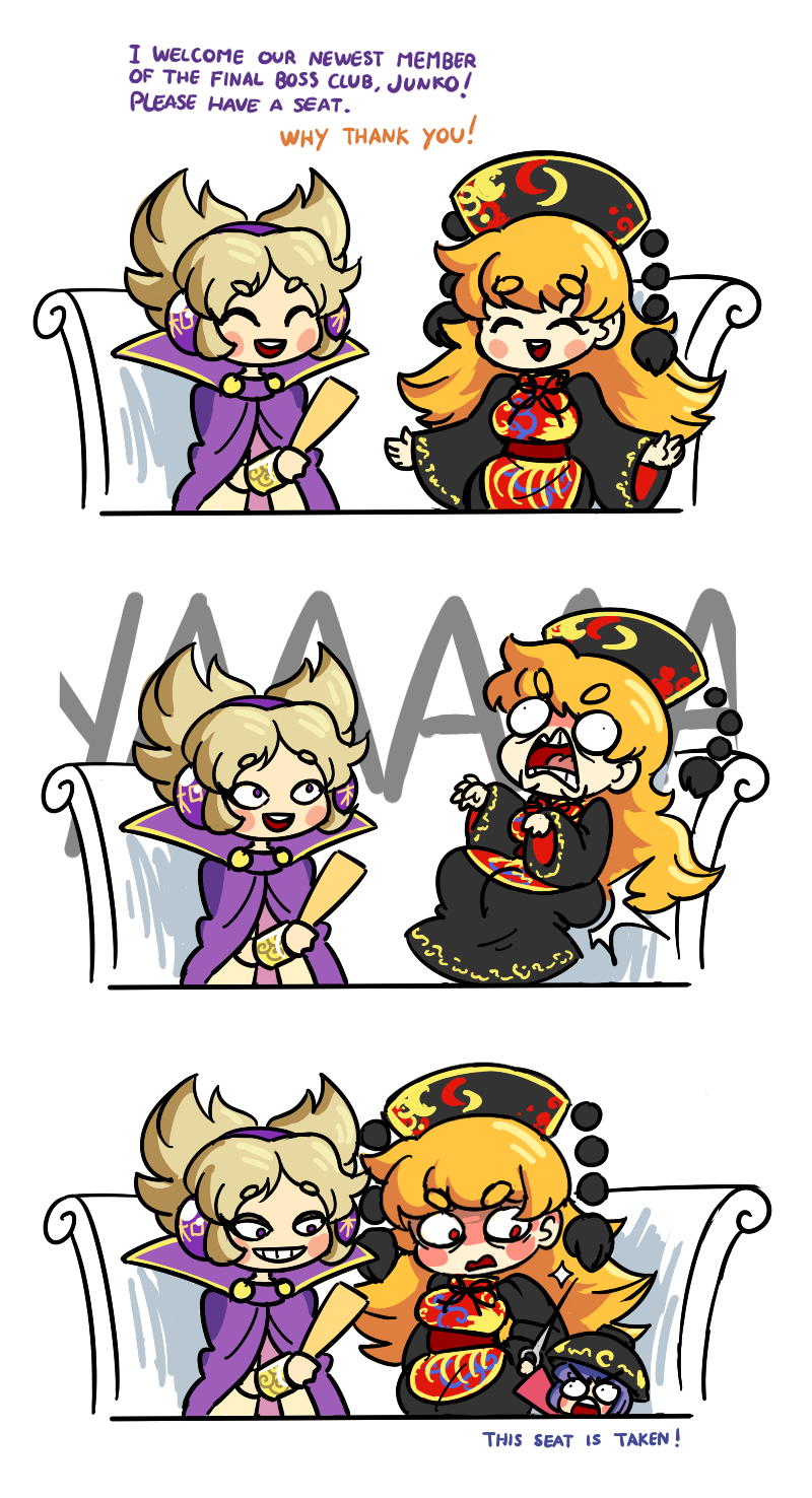 toyosatomimi no miko, junko, and sukuna shinmyoumaru (touhou) drawn by peachems_(gemu)