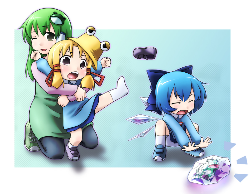 kochiya sanae, cirno, and moriya suwako (touhou) drawn by kusaba_(kusabashiki)