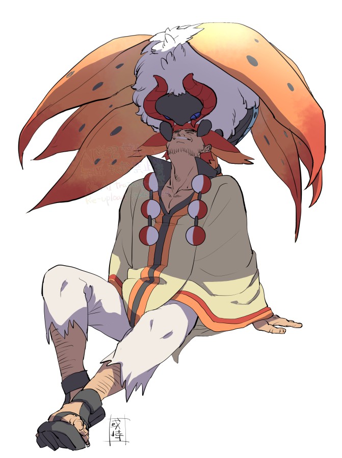 volcarona and alder (pokemon and 1 more) drawn by sanwari_(aruji_yume)