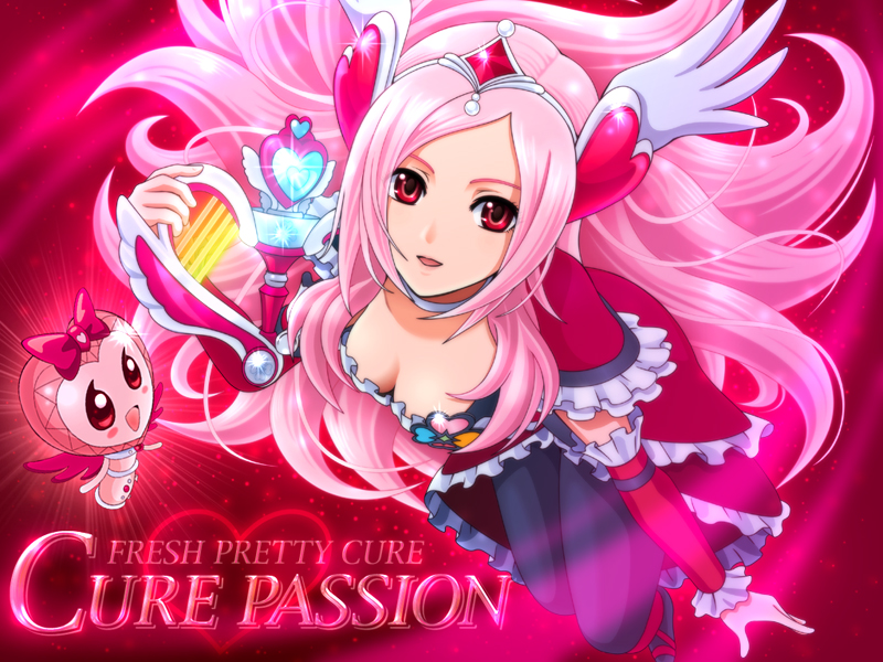 higashi setsuna, cure passion, and akarun (precure and 1 more) drawn by sekken_kasu_barrier