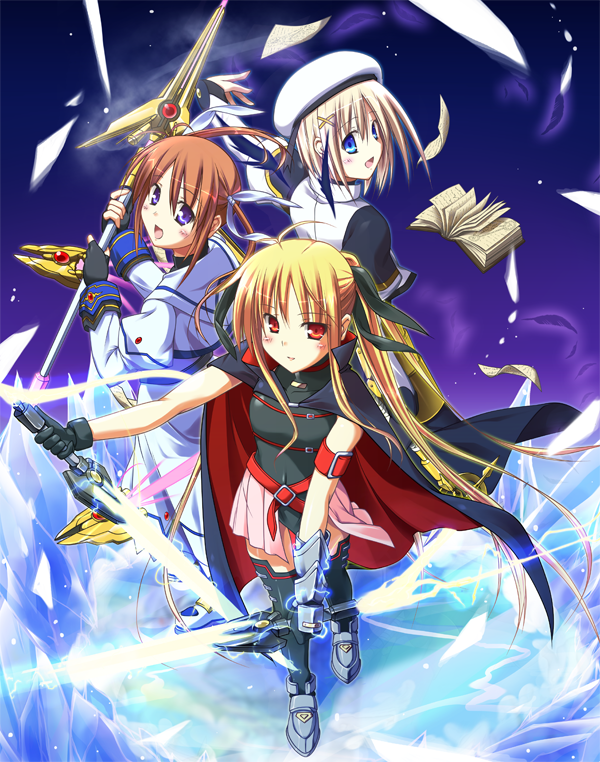 fate testarossa, takamachi nanoha, yagami hayate, raising heart, bardiche, and 2 more (lyrical nanoha and 3 more) drawn by t-ray