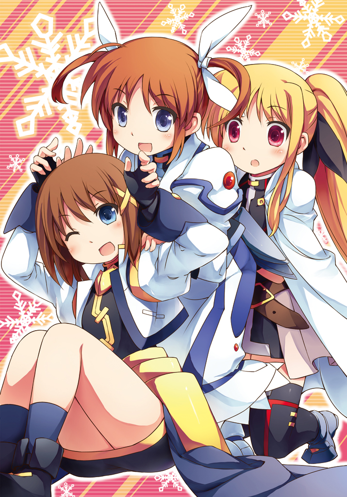 fate testarossa, takamachi nanoha, and yagami hayate (lyrical nanoha and 3 more) drawn by kouno_hikaru