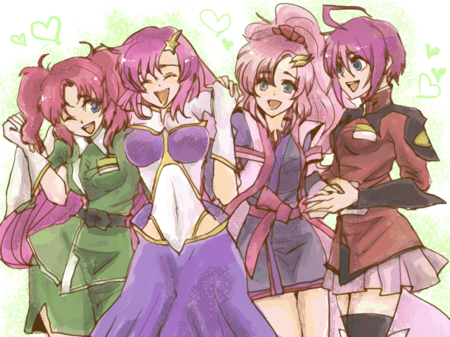 lacus clyne, lunamaria hawke, meer campbell, and meyrin hawke (gundam and 2 more) drawn by yadoso