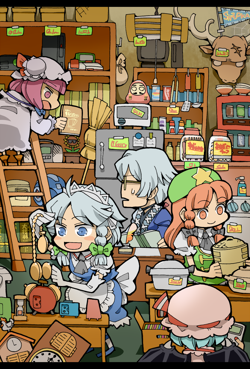 remilia scarlet, izayoi sakuya, patchouli knowledge, hong meiling, and morichika rinnosuke (touhou and 1 more) drawn by hounori