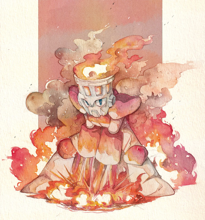 fire man (mega man and 1 more) drawn by popopoyata