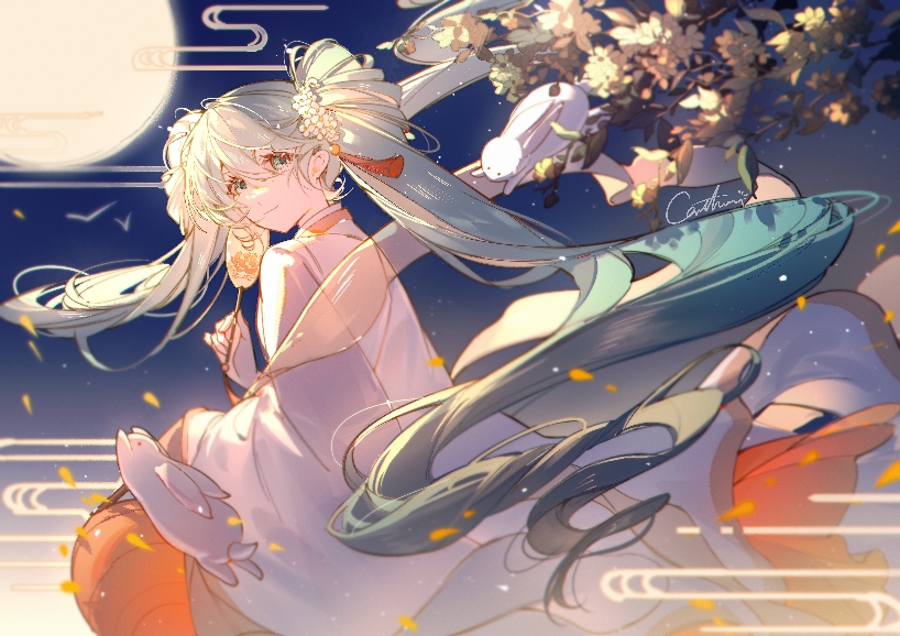 hatsune miku and chuushuu meigetsu miku (vocaloid) drawn by cathon613
