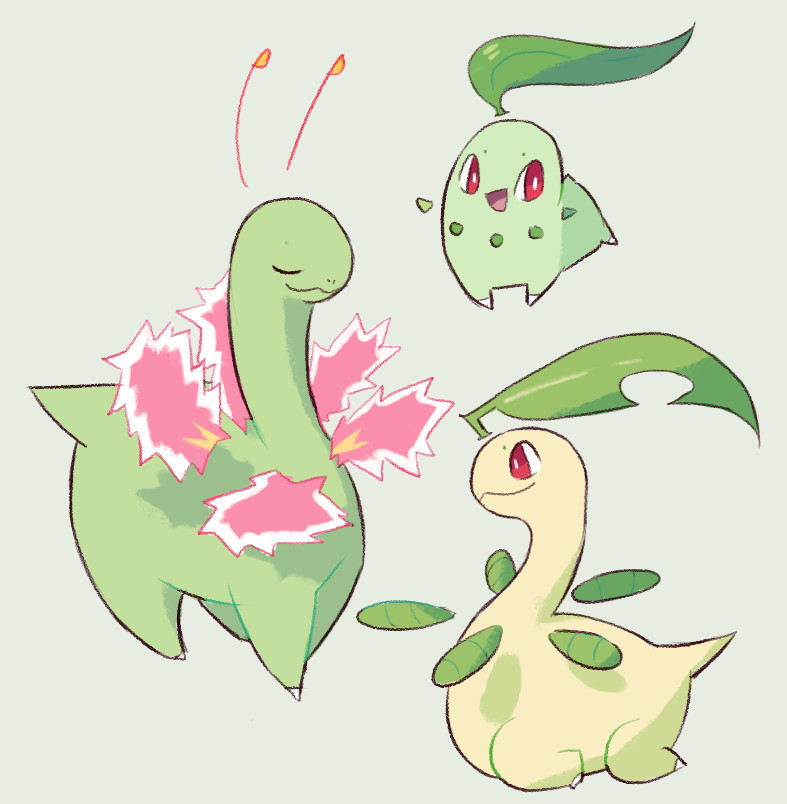 chikorita, meganium, and bayleef (pokemon) drawn by redmming