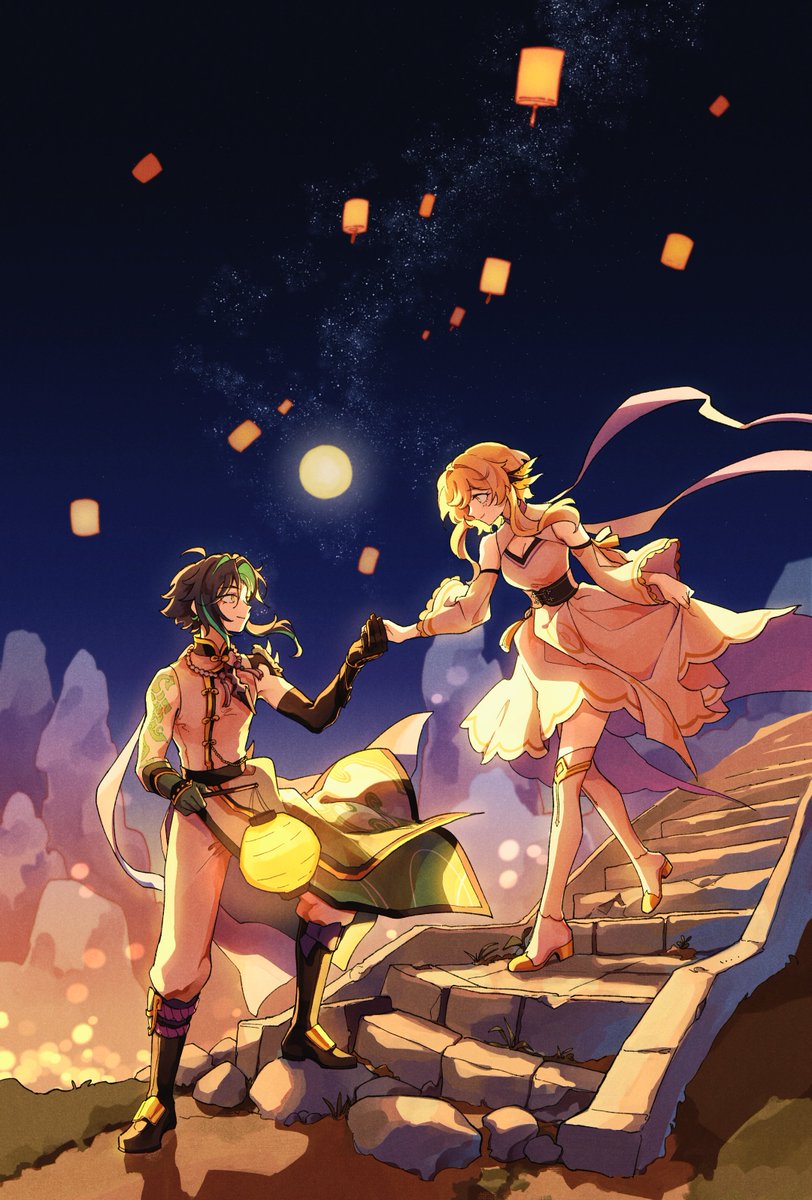 lumine and xiao (genshin impact) drawn by isaraa_005