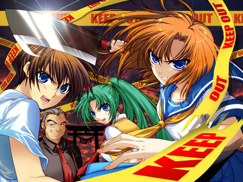 ryuuguu rena, sonozaki mion, maebara keiichi, and ooishi kuraudo (higurashi no naku koro ni) drawn by suzuragi_karin